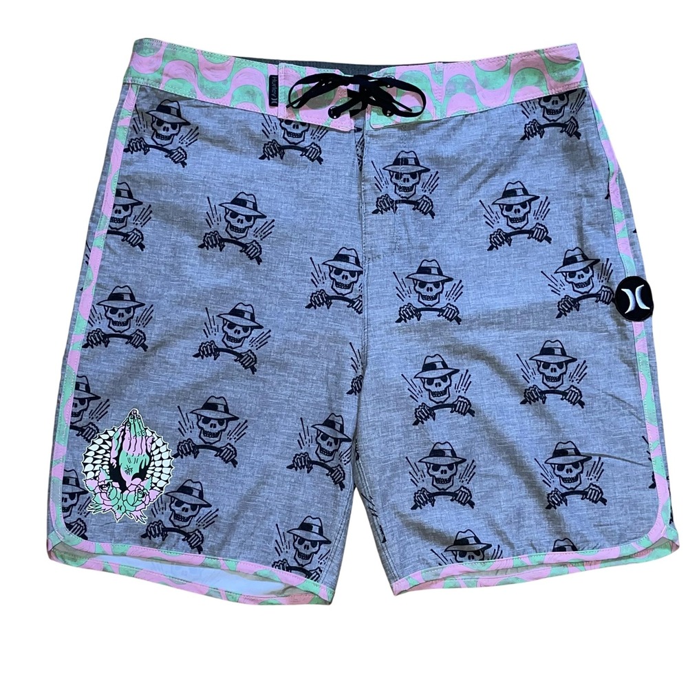 Hurley Phantom AOP Holy Toledo Boardshorts Sz 30 Skull Praying Hands Rockabilly